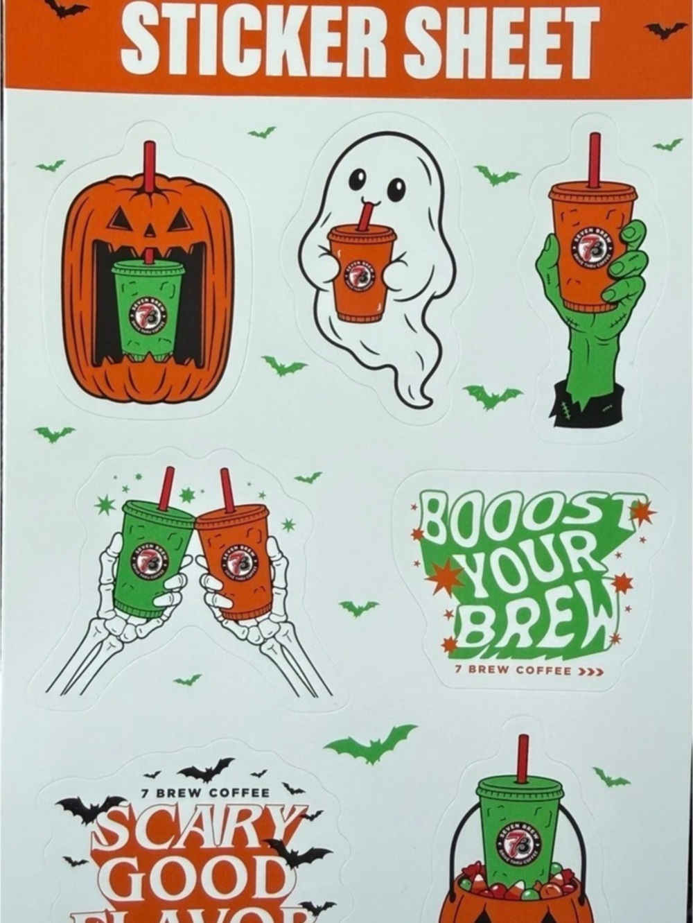 7 Brew Halloween Sticker Sheet Orange & Green NWT